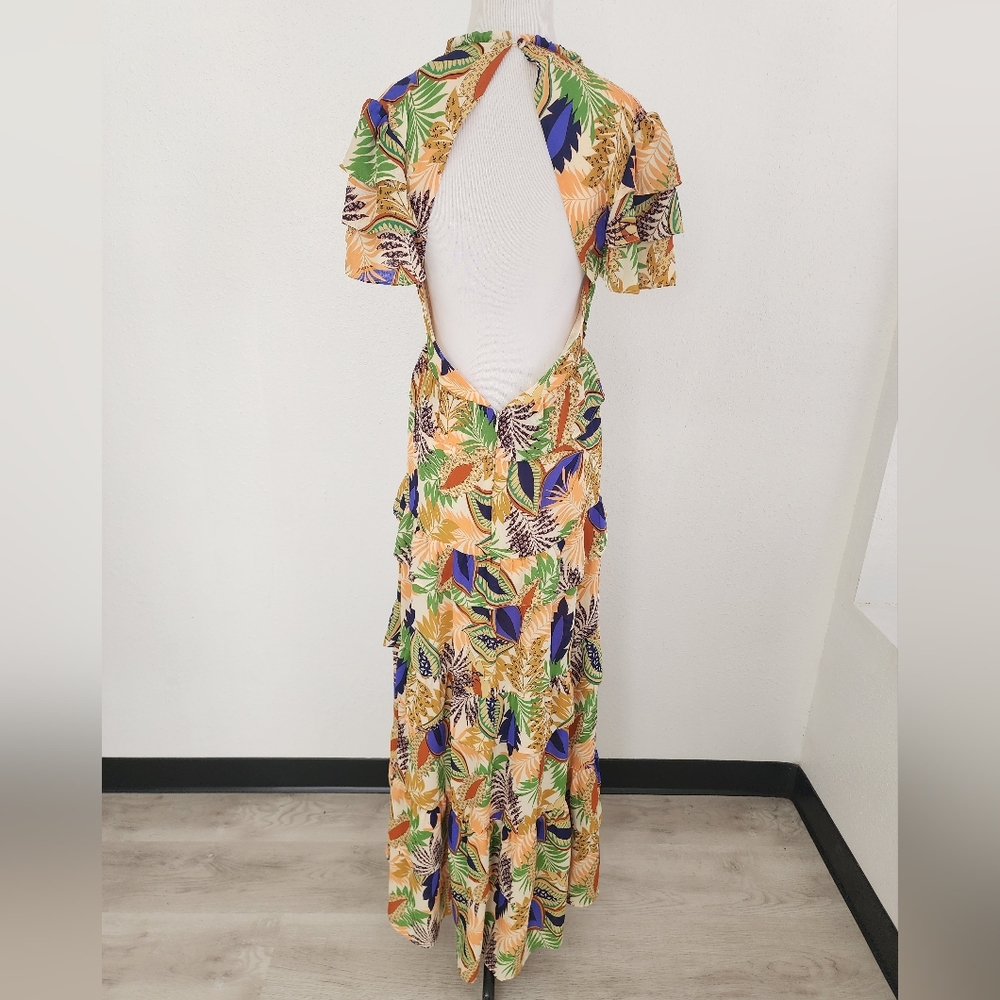 Glamorous Multicolor Floral Dress Leaf Print Open Back Maxi Dress Size 6 - Picture 5 of 10